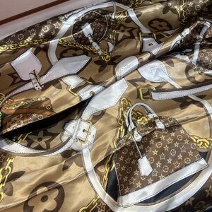 Brown and White Silk Design Print Scarf